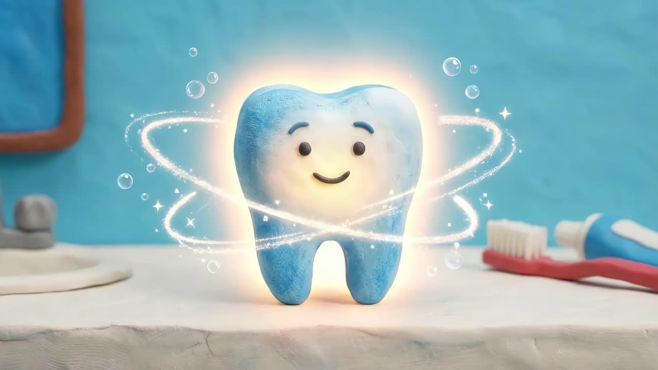 Cartoon tooth character promoting dental care