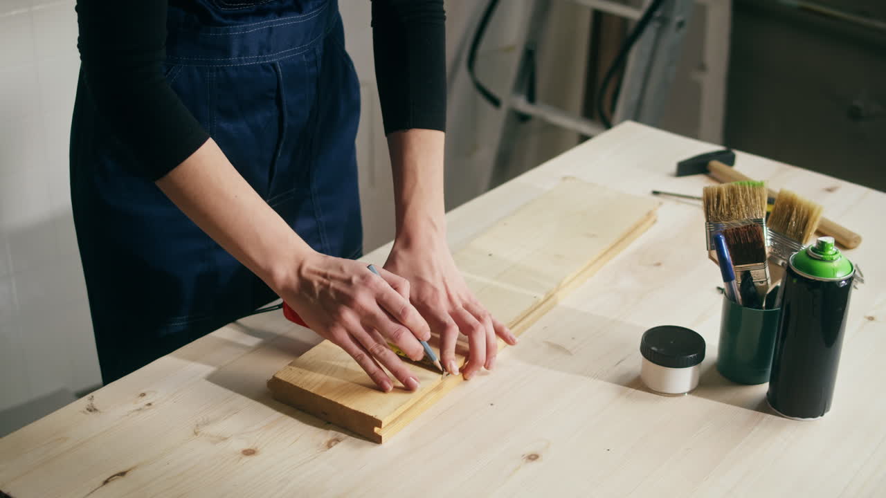 Mani che misurano una tavola di legno con un metro a nastro in un laboratorio