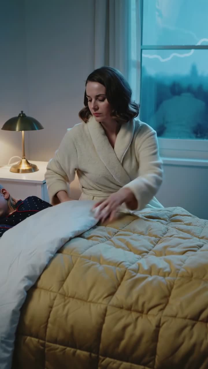 Mother in robe seeing snowy window, tucking quilt over school-aged child at bedside for warmth