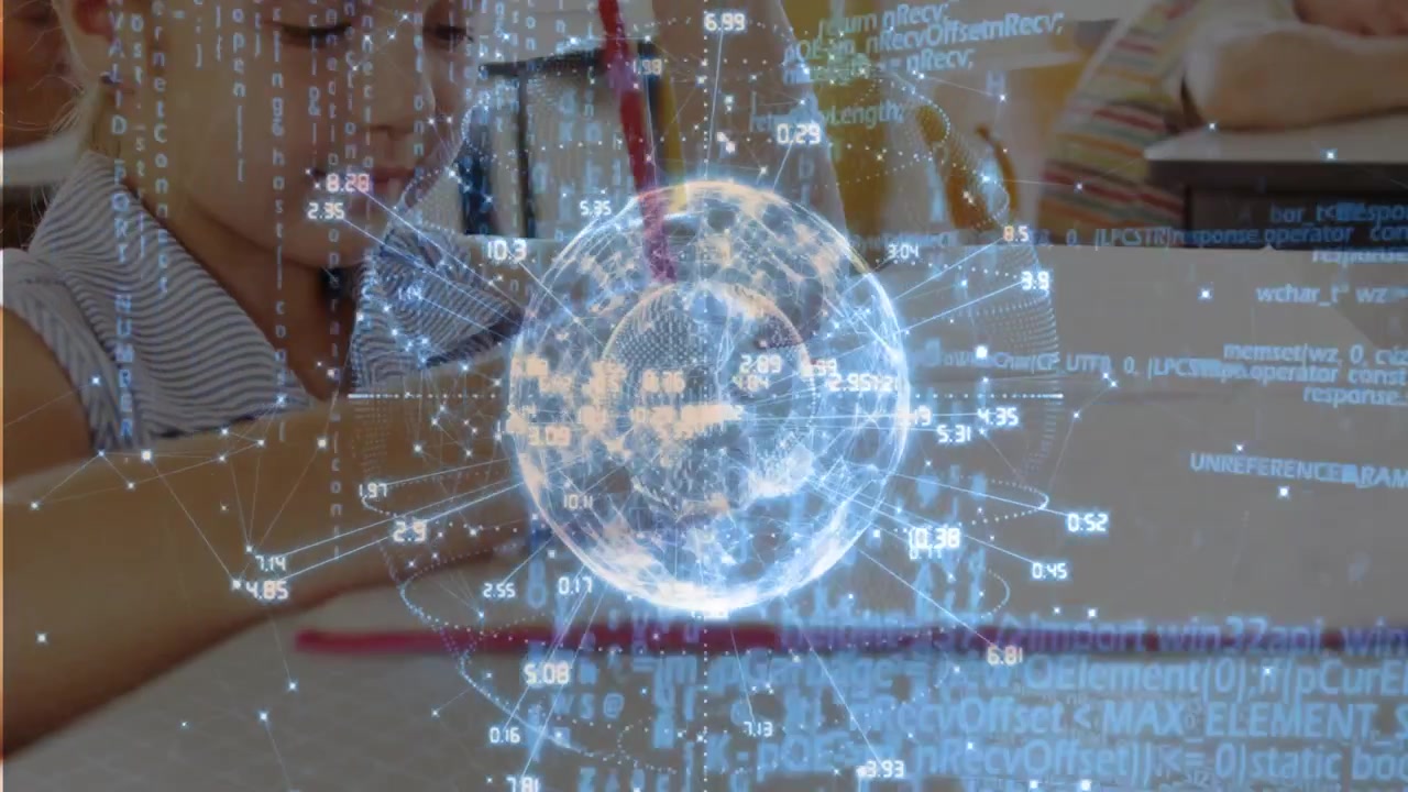 Boy leaning at desk writing, pencil motion activating hologram globe and data growing for education