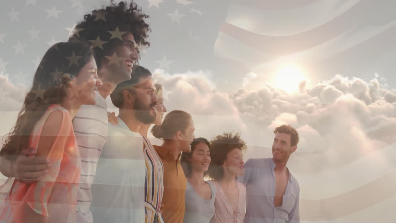 Business team linking arms on cloud ledge, following star-stripe overlay brightening sunrise glow