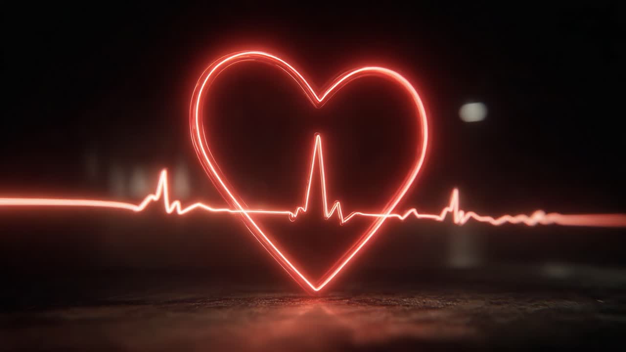 A Glowing Heartbeat: Illuminated Heart Shape with Pulsing Electrocardiogram Waveform, Emphasizing Love, Life, and Vital Signs in a Dark Environment