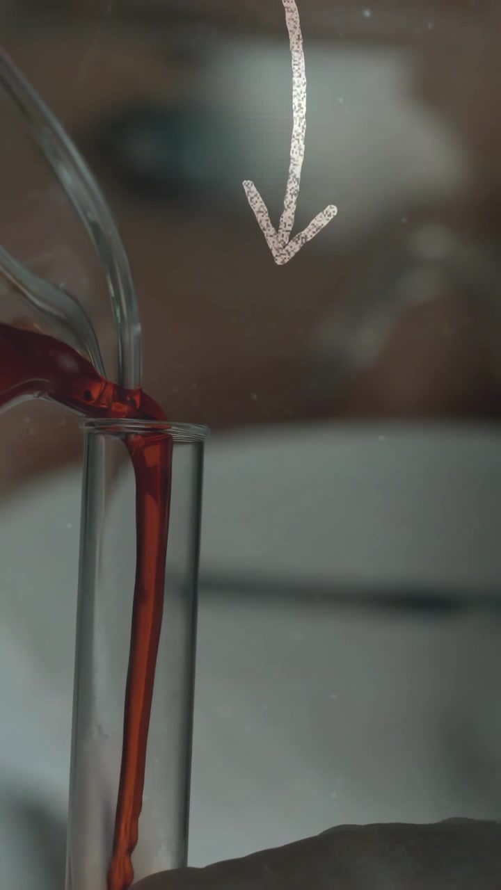 Video verticale: Un recipiente versa liquido rosso in una provetta da laboratorio, una freccia di gesso guida una goccia in una colonna.