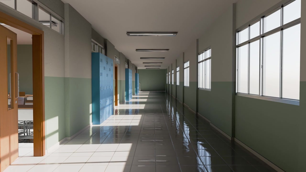 Pasillo escolar vacío con la luz del sol entrando por las ventanas.