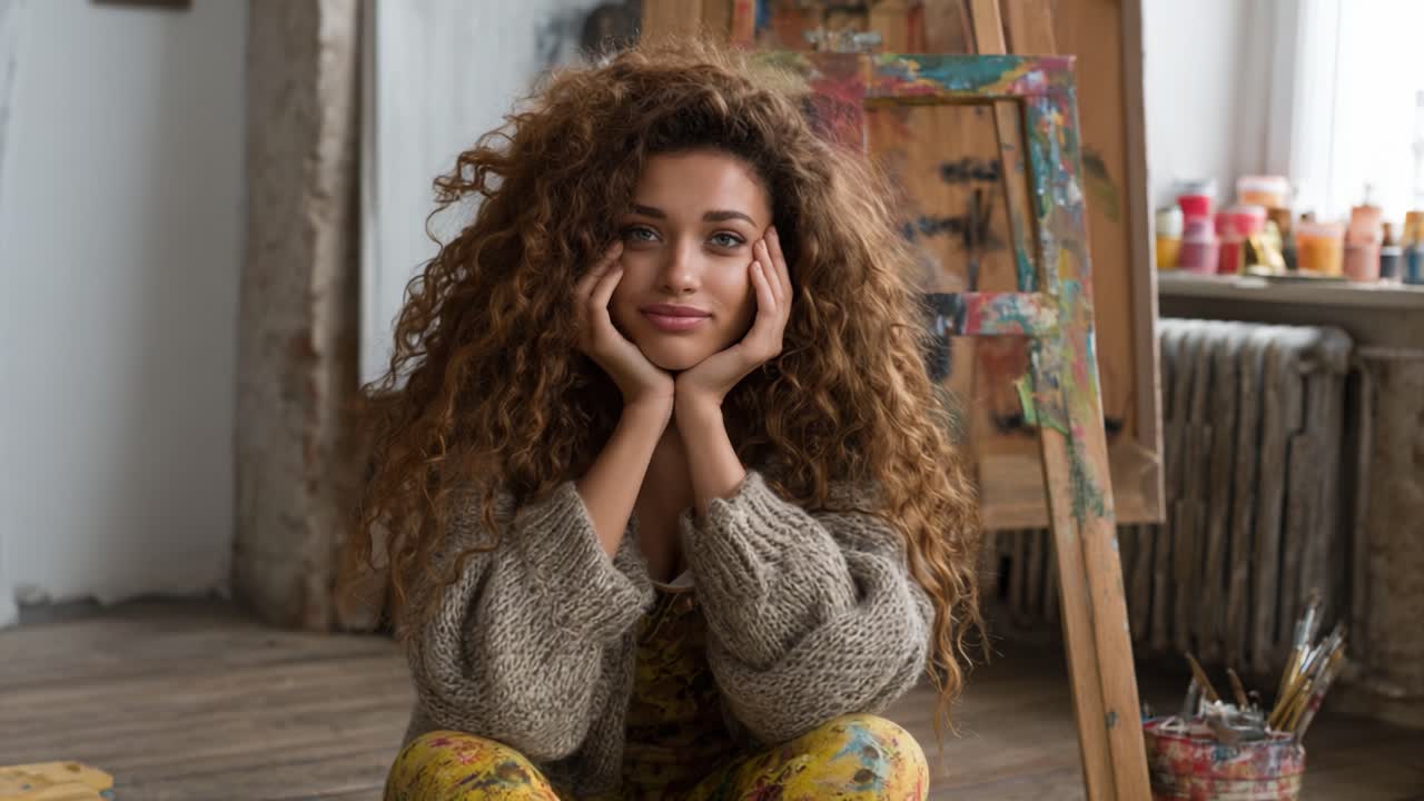 An Artistic Moment Captured: A Young Artist in a Cozy Studio, Reflecting on Creativity and Inspiration Amidst Paints and Brushes