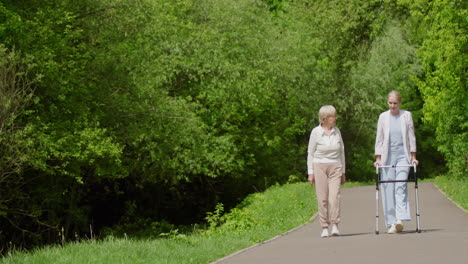 elderly woman and caregiver walking in the park