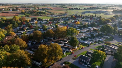 aerial view of trailer home mobile house park in autumn