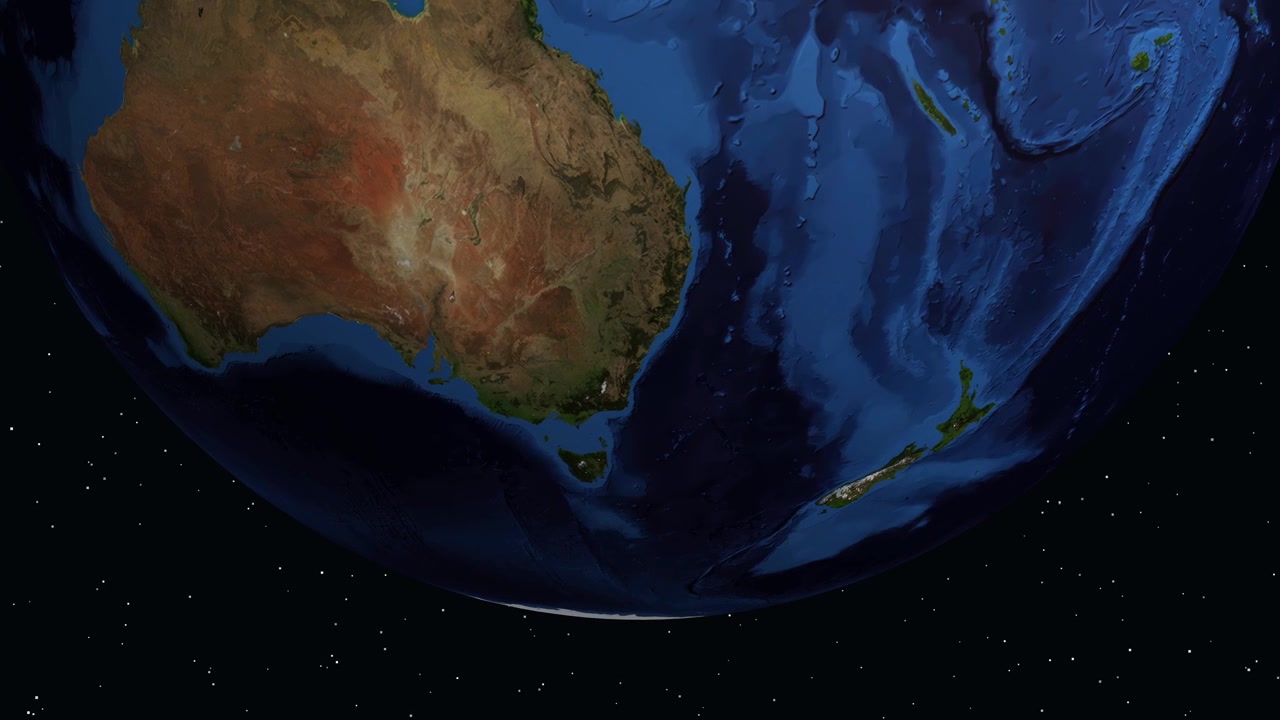 Digital earth rotates and zooms into Wollongong Australia with a red pin and data