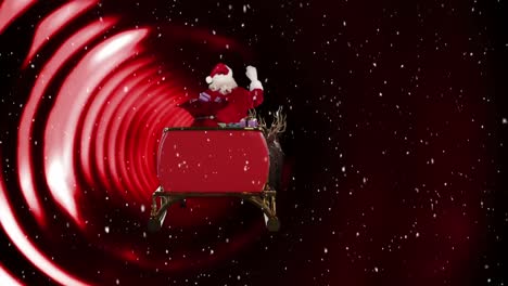 Animation-of-snow-falling-over-christmas-santa-claus-in-sleigh-with-reindeer