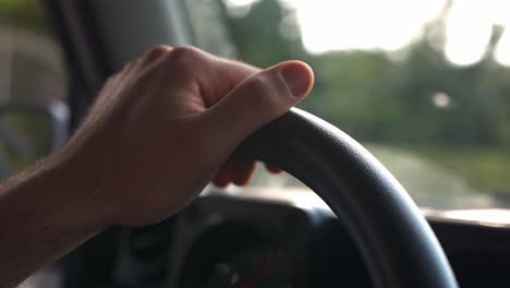 this image provides a first-person perspective from inside a moving vehicle, with a hand gripping the top of the steering wheel