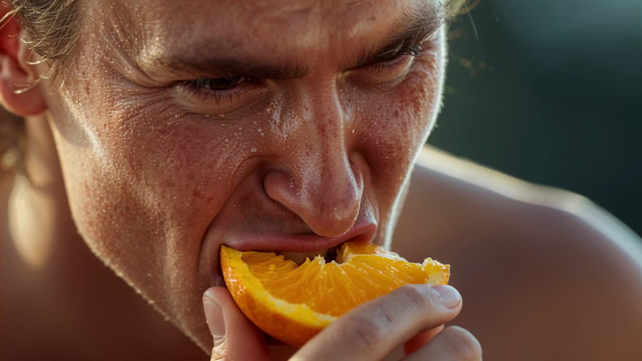 Hombre sin camiseta levantándose, sintiendo calor, sudando, mordiendo un gajo de naranja, masticando, buscando alivio en la orilla.
