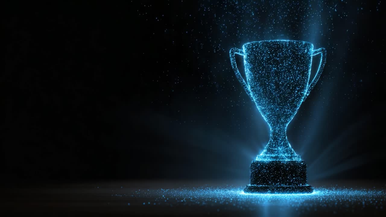 Illuminated Digital Trophy: A Stunning Display of Victory and Achievement in a Sparkling, High-Tech Environment Highlighting the Glorious Moment of Triumph