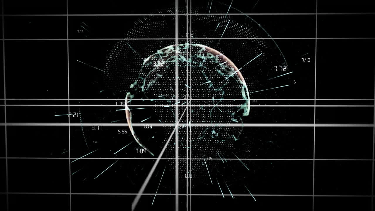 Rotating globe with data points and grid lines, global network animation