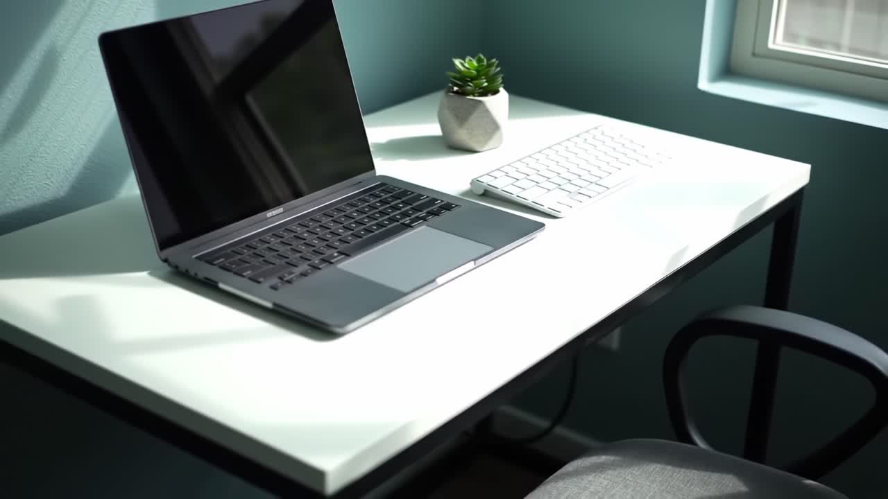 Modern Workspace Setup Featuring a Sleek Laptop and Minimalist Desk with a Decorative Plant, Perfect for Inspiration and Productivity