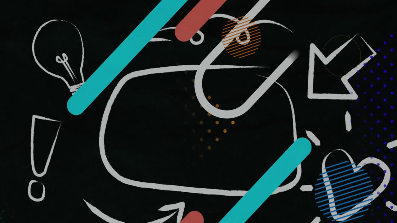 검은 바탕에 다채로운 추상적인 모양과 여러 아이콘의 디지털 애니메이션