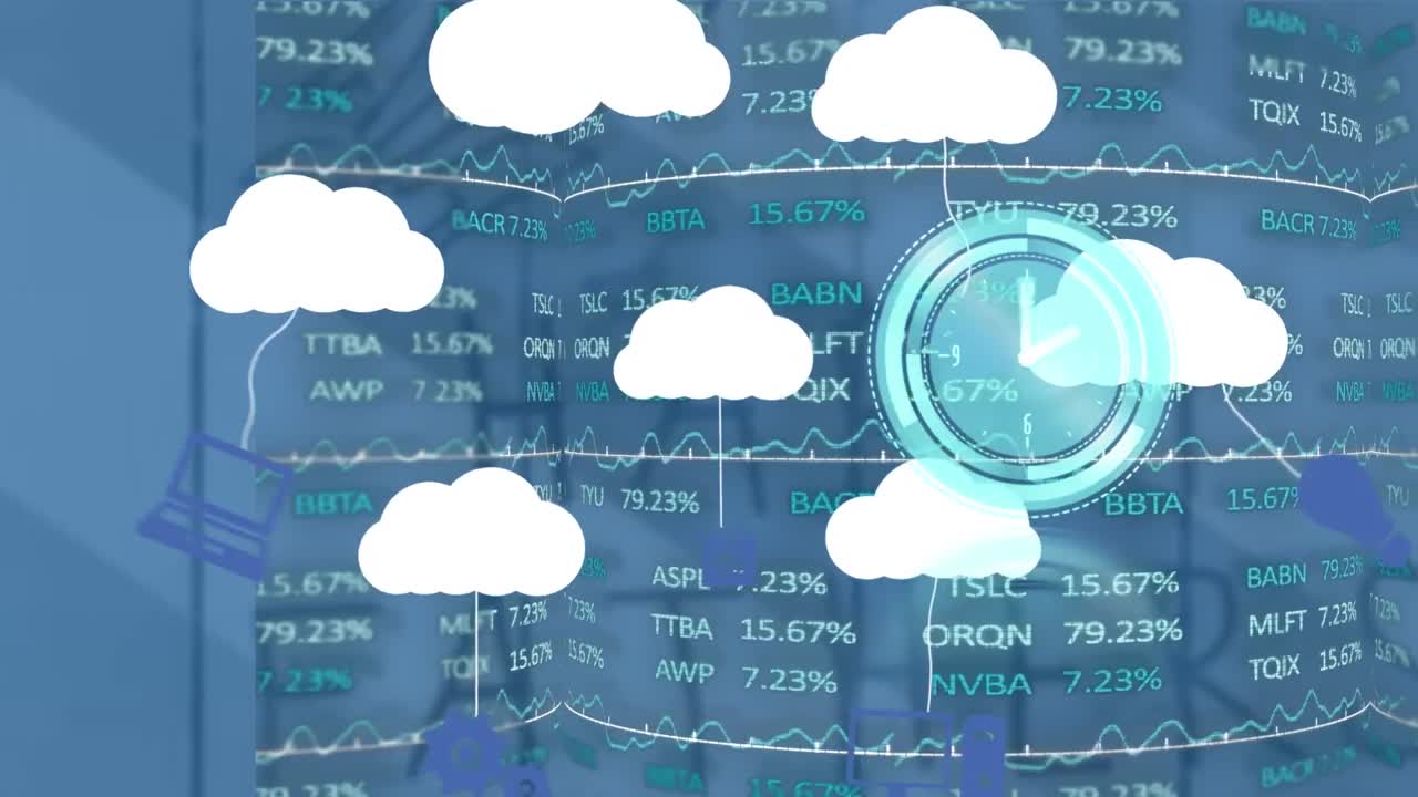 animación del procesamiento de datos de reloj y financieros a través de nubes digitales con dispositivos electrónicos