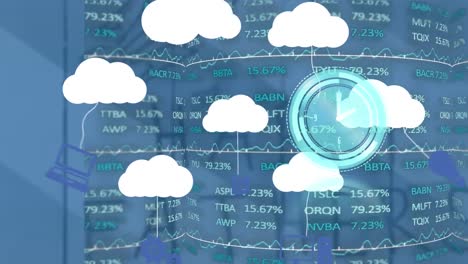 animation of clock and financial data processing over digital clouds with electronic devices