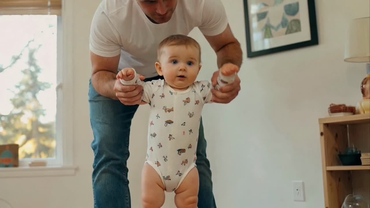 Padre che aiuta il bambino a fare i primi passi in casa