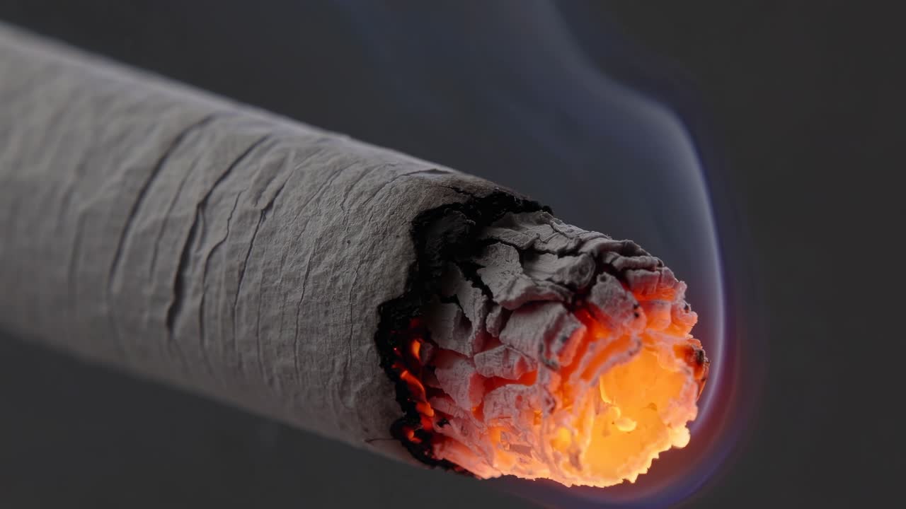 The video captures a close-up of a burning cigarette, emphasizing the glowing ember and smoke