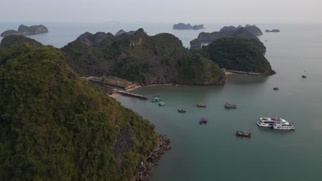 drone-shot-of-boats-in-the-harbor-in-Cat-Ba-and-Halong-Bay-in-Northern-Vietnam