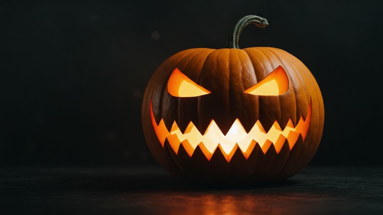 A Sinister Halloween Pumpkin Illuminated with a Glowing Smile, Perfectly Capturing the Essence of Spooky Fall Decor and Frightful Festivities
