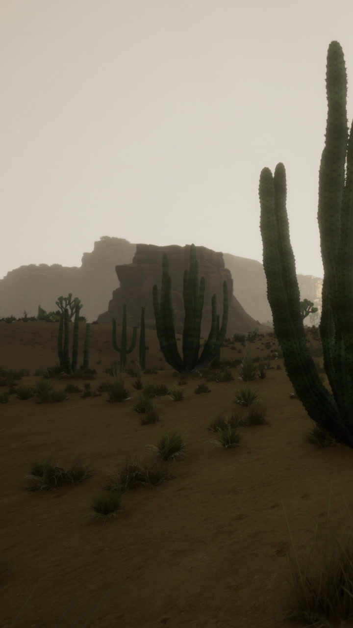 Expansive desert landscape with towering cacti and distant mountains at dusk