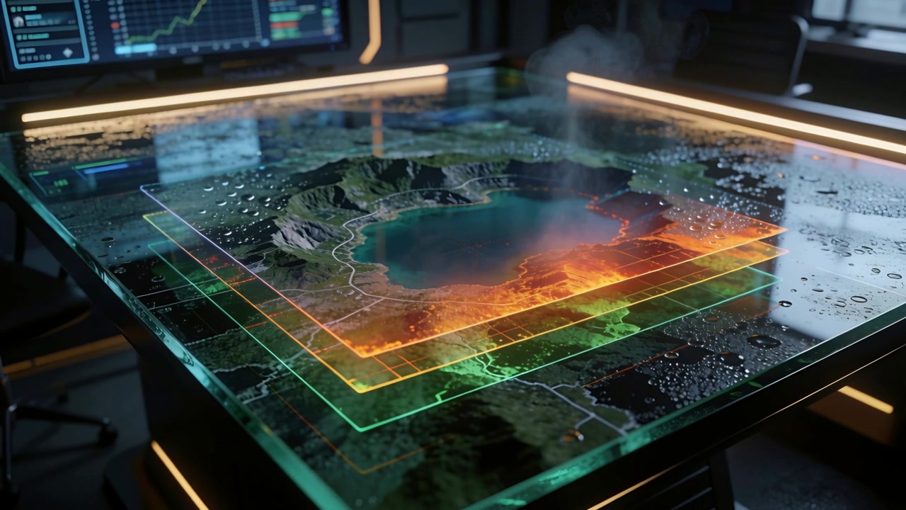 Animating glass table map pulsing layers showing heat in ops room, orange plane causing plume rise