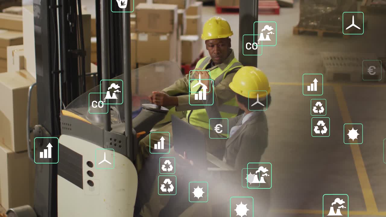 Animation of eco icons and data processing over diverse people working in warehouse