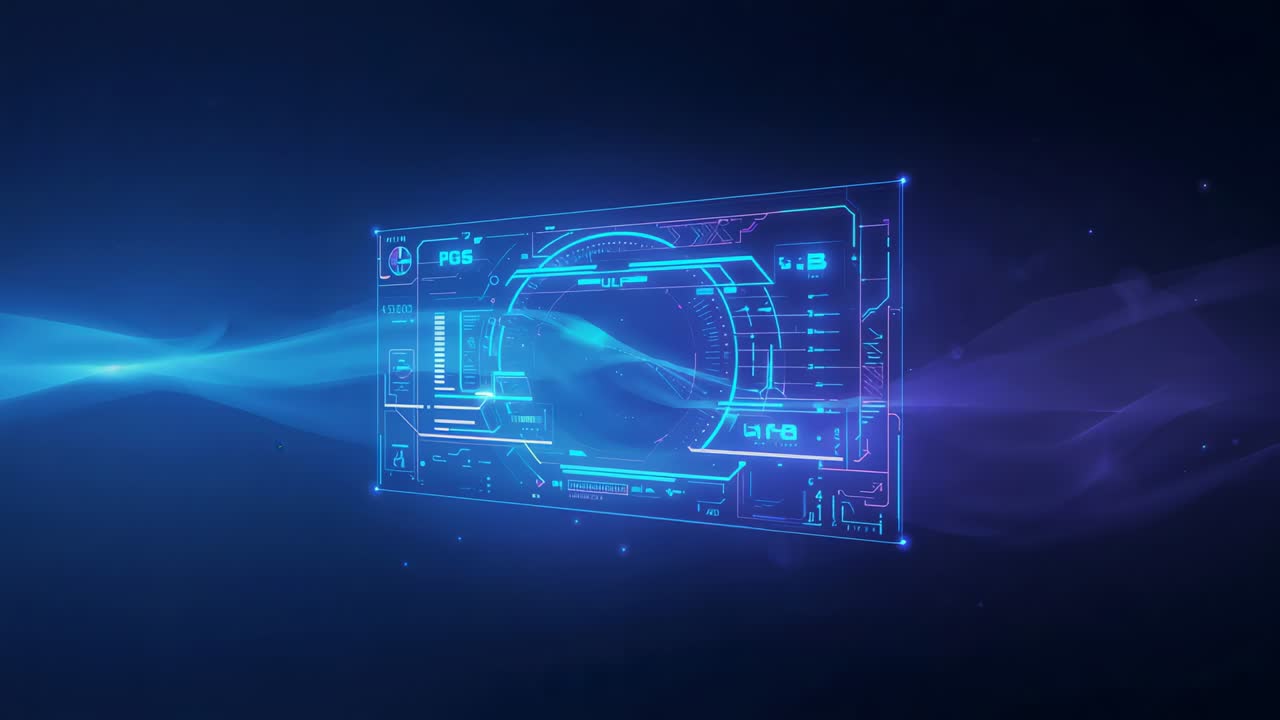 Activating holo HUD centering in dark void as blue ribbon entering, pulsing target for readout