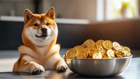 shiba inu dog with a pile of gold bitcoins