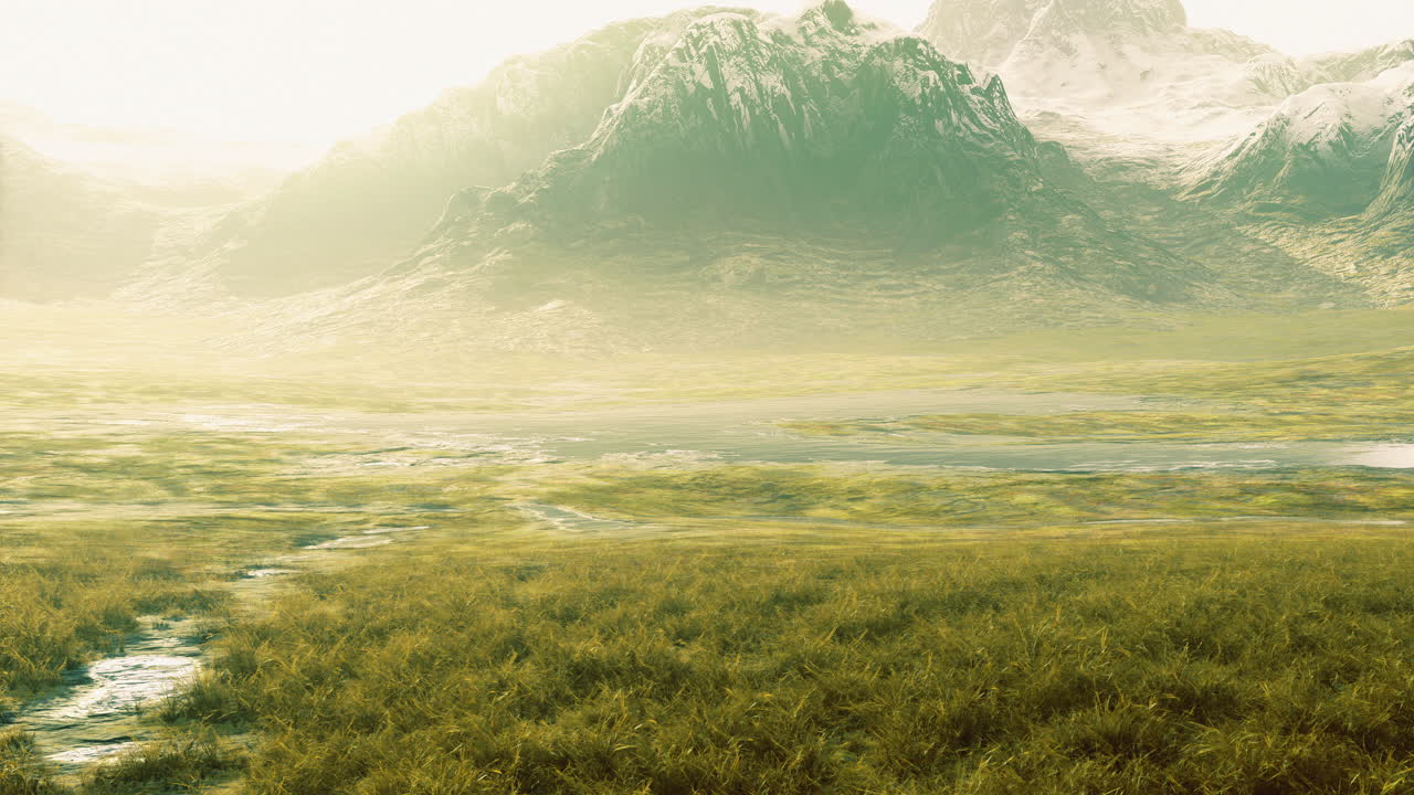 Mountain landscape with lush greenery and serene water source at sunrise