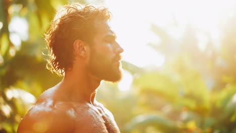 man in profile view in a jungle