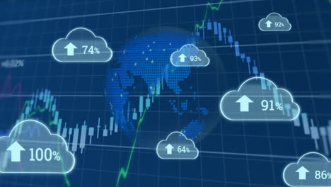 animación de nubes con un número creciente en todo el mundo y procesamiento de datos financieros