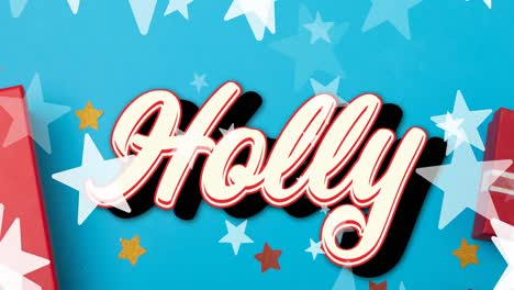 animation of holly text over stars falling and presents on blue background at christmas