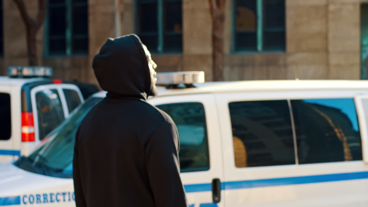 New York, USA, 8. april 2026: Bagfra af mand i hættetrøje nær byens patruljevogne. Silhuet af person i sort hættetrøje stående foran politibiler i New York.