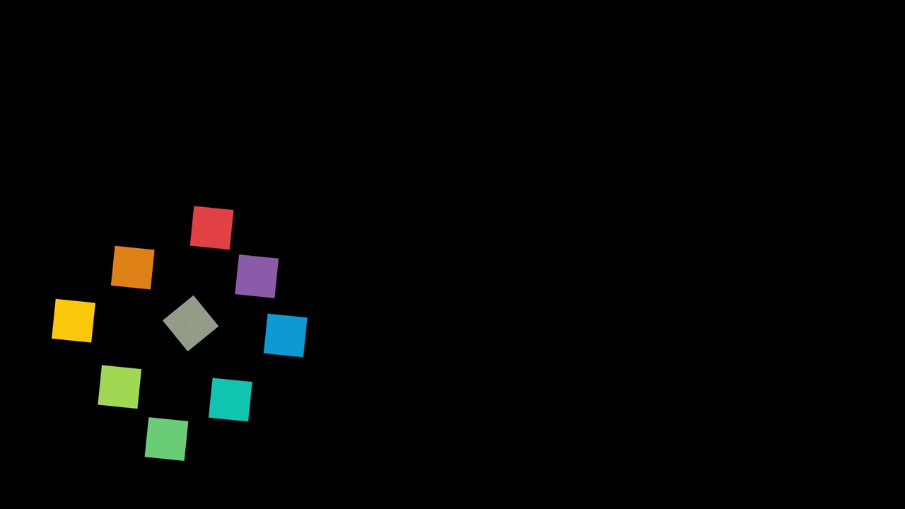 Perfect 10-second seamless loop of a 3x3 grid of colorful squares. Squares slowly fly apart, rotate, and return to form a perfect block on a black background. Ideal modular background for tech, data.