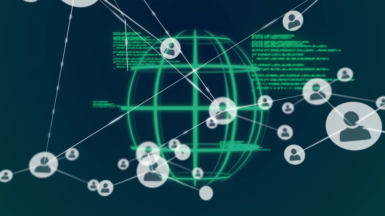 Globo wireframe verde che appare attivando icone utente che si collegano per visualizzare l'espansione della rete.