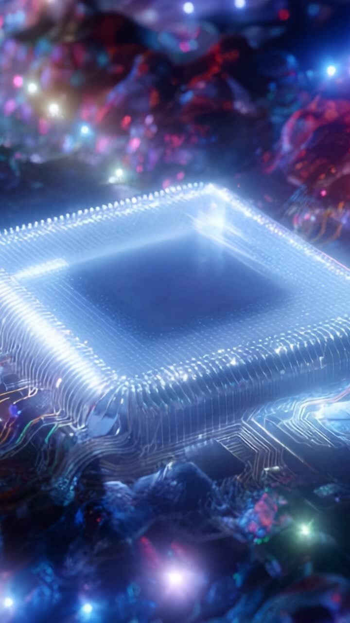 Circuiti digitali astratti con un microchip luminoso circondato da riflessi colorati e motivi intricati in un paesaggio tecnologico futuristico