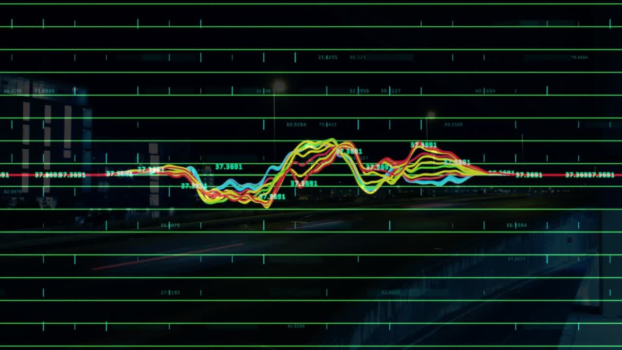 Multicolored oscillating line graph floating over city overpass showing neon grid with value labels