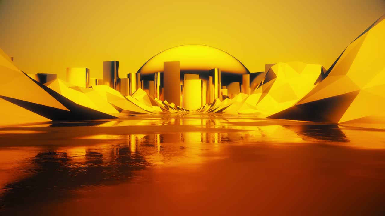 현대적 추상적 인 낮은 다각형 산 황금 도시 풍경 운전 루프 배경