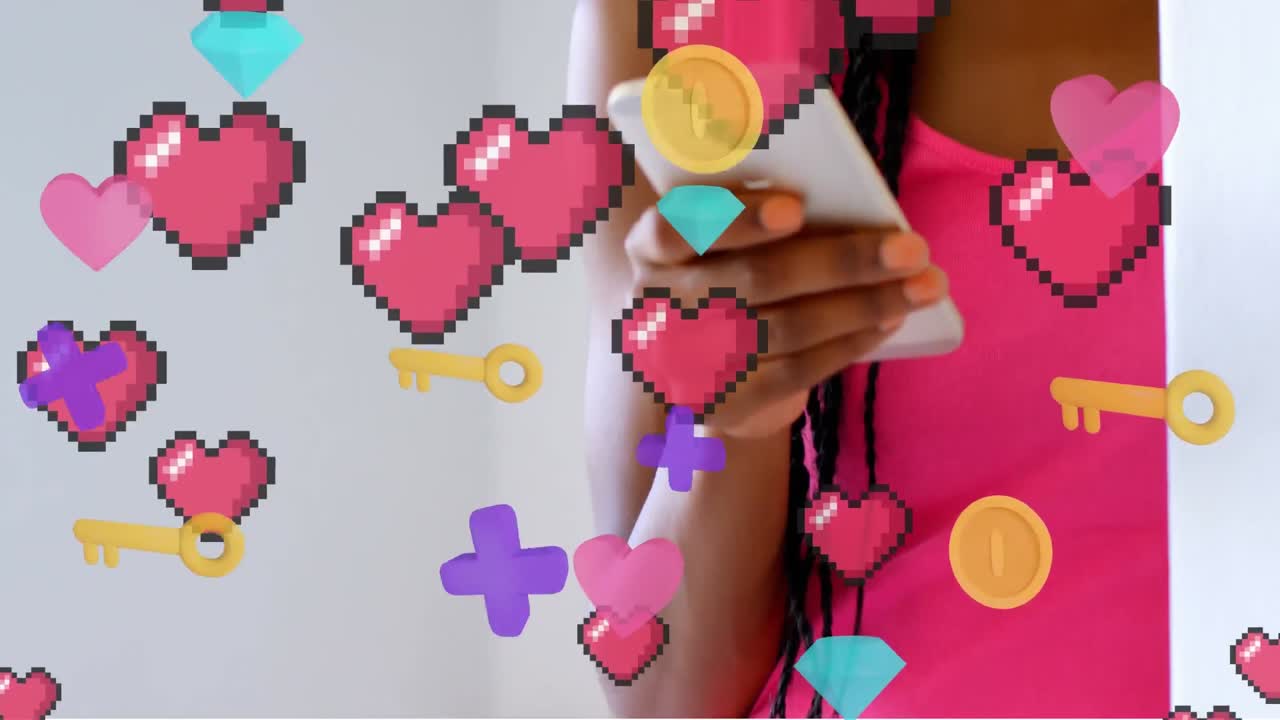 스마트 폰을 사용하는 여성 위에 디지털 아이콘의 애니메이션