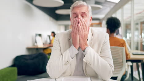 headache, stress and tired business man in office