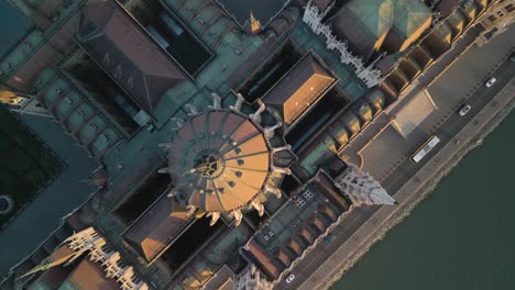 top down aerial view of hungarian parliament building in capital city, budapest