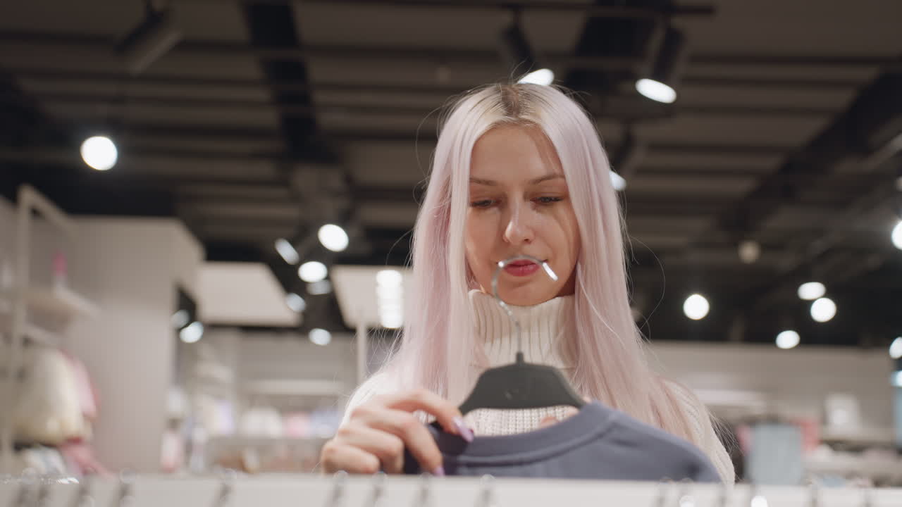 Happy shopper in cozy knit sweater with pastel hair selects colorful polo from brightly lit rack, examines fabric and fit with gentle smile before returning garment to hanger in modern retail store