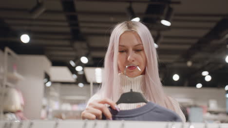 happy shopper in cozy knit sweater with pastel hair selects colorful polo from brightly lit rack, examines fabric and fit with gentle smile before returning garment to hanger in modern retail store