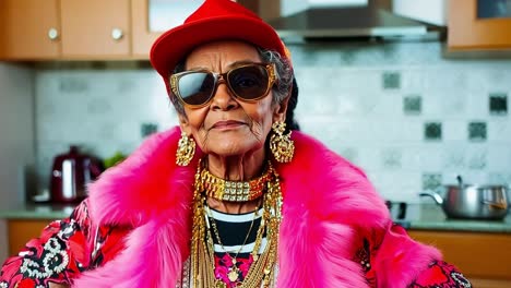 a woman wearing a red hat and sunglasses in a kitchen