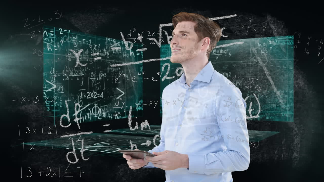 디지털 태블릿을 사용하여 수학 방정식이 있는 화면에 대항하는 백인 남자의 애니메이션