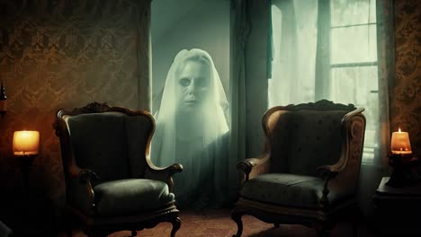 a ghostly figure in a vintage interior