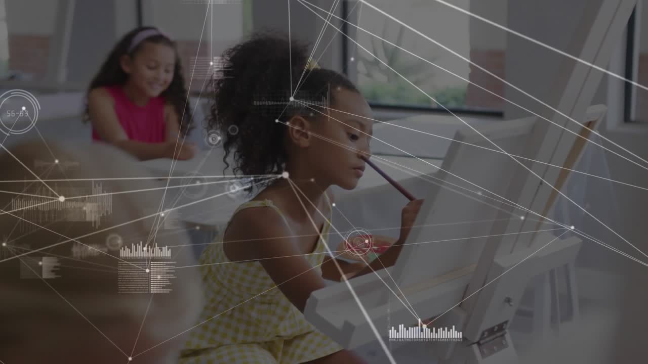 Network lines overlaying blonde face guiding classmates painting under data overlay for education