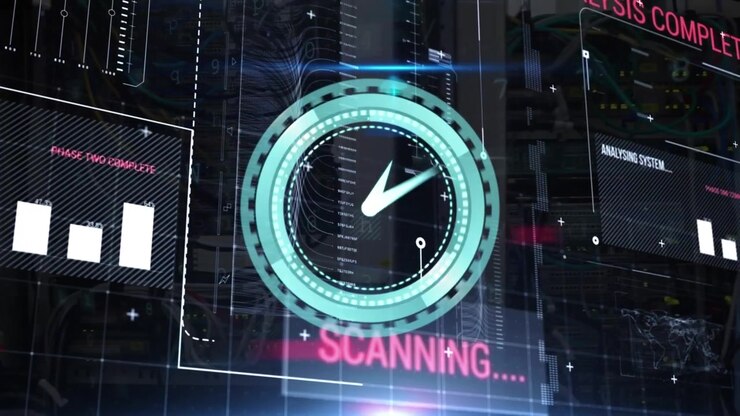 Neon ticking clock and digital interface with data processing against close up of computer server